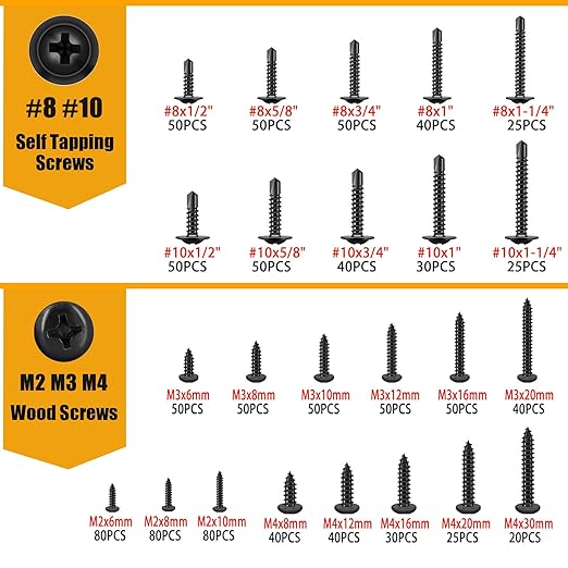 weideer 1095pcs Self Tapping Screws for Metal, #8#10 M2 M3 M4 410 Stainless Steel Screws Assortment Kit Black Oxide Truss Head and Phillips Pan Head Metal Screw
