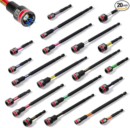 Impact Nut Driver Set, 20 Pieces 2.56???쒵ong 6mm/8mm/10mm/ 11mm/13mm 1/4??/16??/8??/16??/2?? Point Alloy Steel Magnetic Metric/SAE Nut Setter 1/4 Hex Shank Impact Driver with Case Box