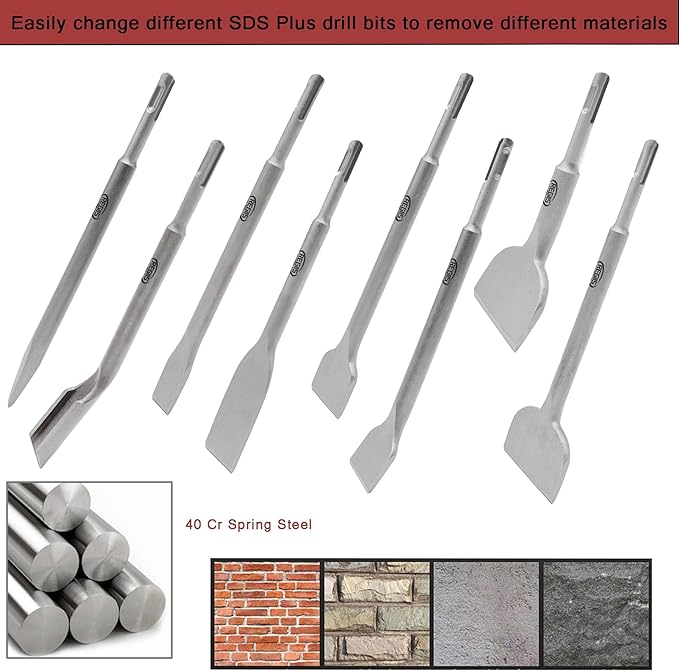 8 pcs SDS Plus Chisel Set, Masonry Concrete Drill Bit Set, Tile Removal Chisel Bits for Rotary Hammer with Point Flat Wide Tile Inclined Grooving Scraping Scaling Chisels