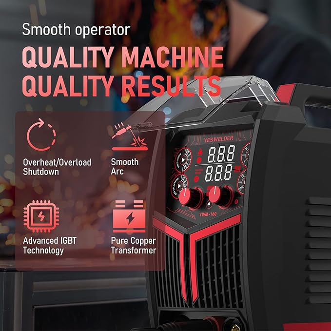 YESWELDER Gas Gasless 160A Multiprocess MIG Welder, Flux Core/MIG/Lift TIG/Stick ARC Welder 4 in 1 Welding Machine, Synergic Control 110V/220V Dual Voltage