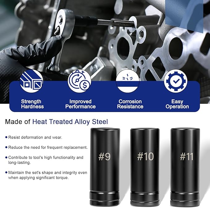 3-Piece 70940 Tap Socket Set, 5/8?쇺?11/16?쇺?3/4?쇺?Tap Sockets #9#10#11, For Larger Fractional M.C.T.I. Standard taps, Use with 1/2?쒾quare Drive (70940, Large)