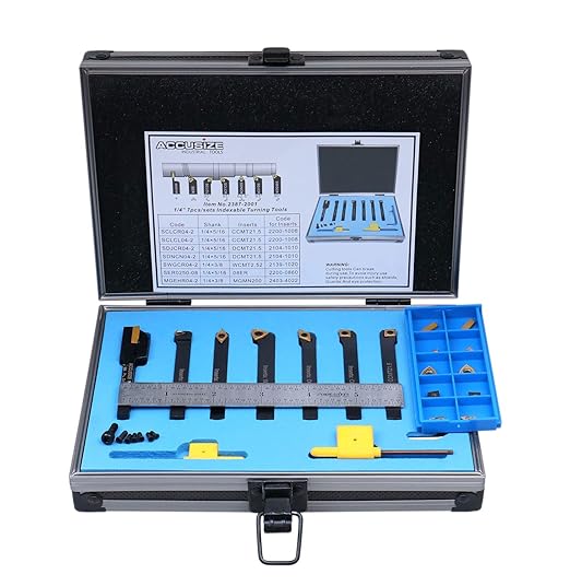 Accusize Industrial Tools 7 Pieces/Set 1/4'' Indexable Carbide Turning Tool Set with 10 Extra Carbide Inserts and 1 pc 6'' Rigid Steel Ruler in Fitted Box