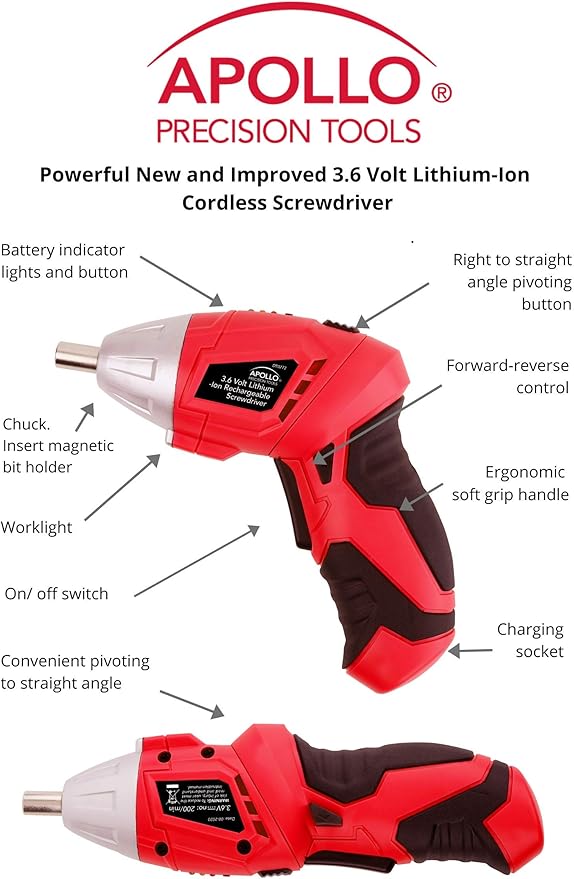 Apollo Tools 135 Piece Household Tool Set with Pivoting Dual-Angle 3.6 Volt Lithium-Ion Cordless Screwdriver ??Includes Most-Needed Tool Selection and Hanging Assortment- Red - DT0773