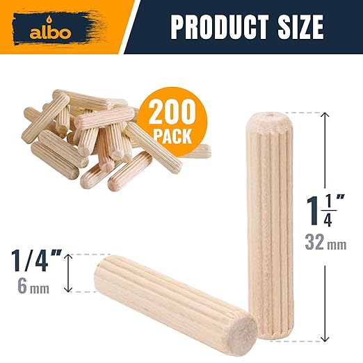 ALBO Wooden Dowel Pins 1/4 x 1-1/4 inch Fluted Wood Dowels Rods 200 Pack Hardwood Crafts Dowel Pegs