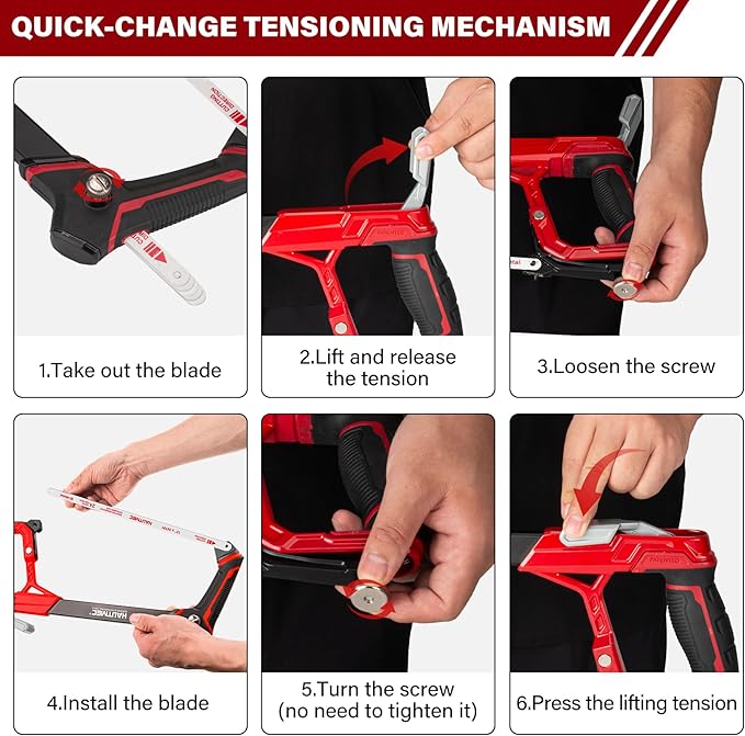 HAUTMEC 12" Fast High-Tension Hacksaw with 5 Extra Bi-Metal Blades, Heavy-Duty Aluminum Hack Saw with Ergonomic Non-Slip Handle, Quick-Change Tension, Blade Storage & Dual Cutting Angles - HTHSH25034