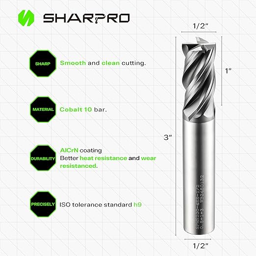 SHAPPRO 1/2 Inch Dia Carbide Square End Mill, 4 Flute CNC End Mills, Heat-Resistant Metal Endmill Suitable Alloy Steel, Stainless Steel, Various Cast Iron