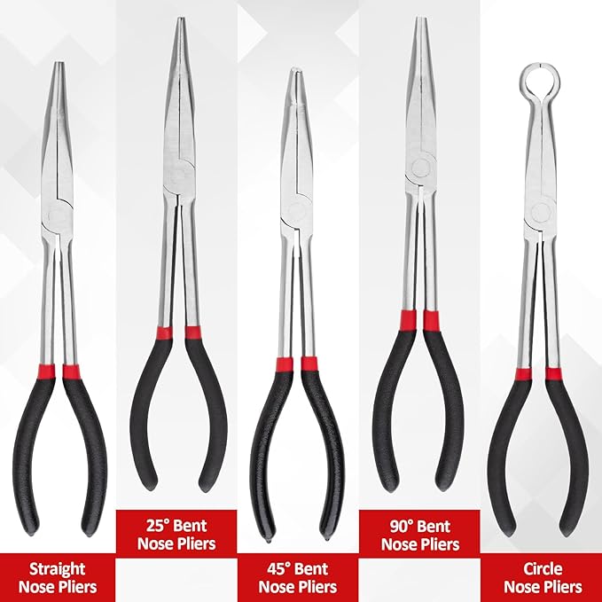 5Pcs Bent Nose Pliers 11 Inch Extra Long Needle Nose Pliers Set, Straight, 25째/45째/90째 Bent, Circle Nose for Narrow Spaces, Hard to Reach Areas & Precision Work