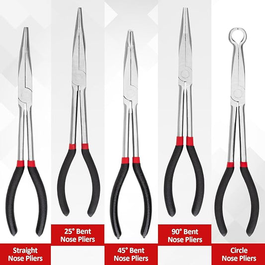 5Pcs Bent Nose Pliers 11 Inch Extra Long Needle Nose Pliers Set, Straight, 25째/45째/90째 Bent, Circle Nose for Narrow Spaces, Hard to Reach Areas & Precision Work