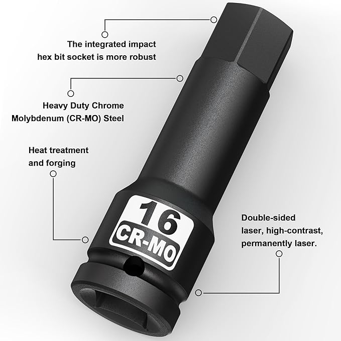 1/2" Drive 16 mm Hex Impact Bit Socket, H16 Allen Bit Socket, Metric, Cr-Mo Steel, Automotive Repair Industrial Maintenance and DIY Enthusiasts Alike