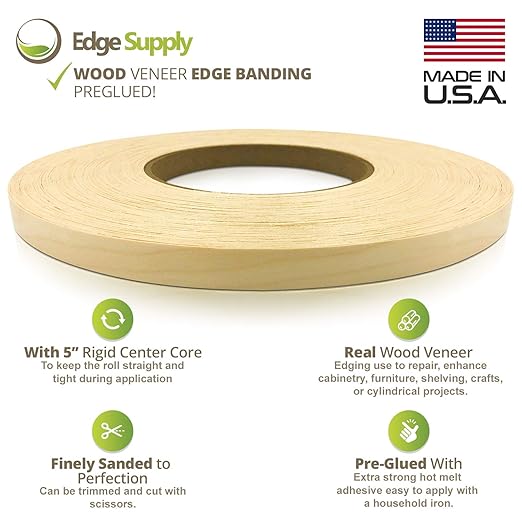 Edge Supply Birch 3/4??X 250' Roll of Plywood Edge Banding ??Pre-glued Real Wood Veneer Edging ??Flexible Veneer Edging ??Easy Application Iron-on Edge Banding for Furniture Restoration ??Made in USA