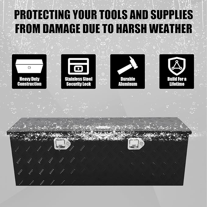 confote 48 Inch Heavy Duty Aluminum Stripes Plated Tool Box Pick Up Truck Bed RV Trailer Toolbox Waterproof Square Storage Organizer with Side Handle, Lock and Keys -48"x 14"x 16"，Black
