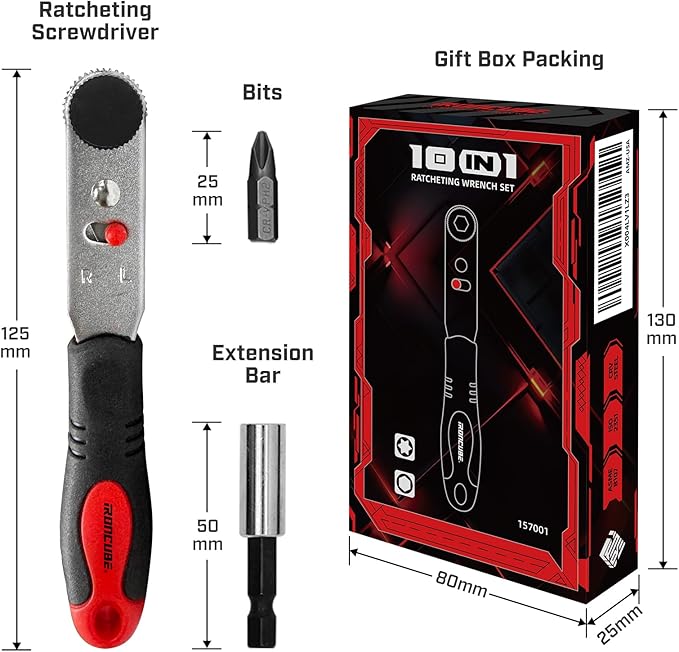 Angle Ratchet Screwdriver Set: 10 Piece Magnetic Bit with 90 degree Mini Offset Low Profile Reversible Drive Handle - Stocking Stuffers with Gift Box