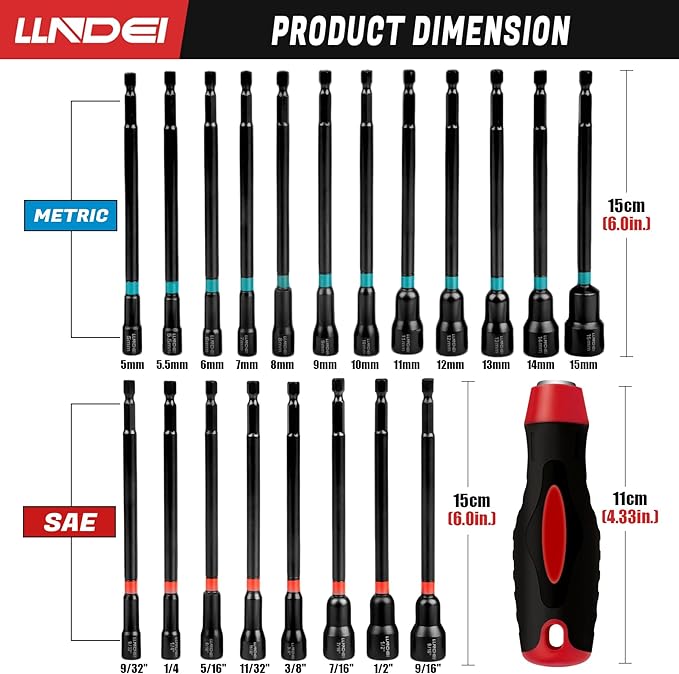 LLNDEI 21-Piece Magnetic Nut Driver Set - SAE (1/4" to 9/16") & Metric (5mm to 15mm) Nut Driver Set with Non-Slip Grip Handle - Upgrade Cr-V Magnetic Socket set for Secure Fastening in Tight Spaces
