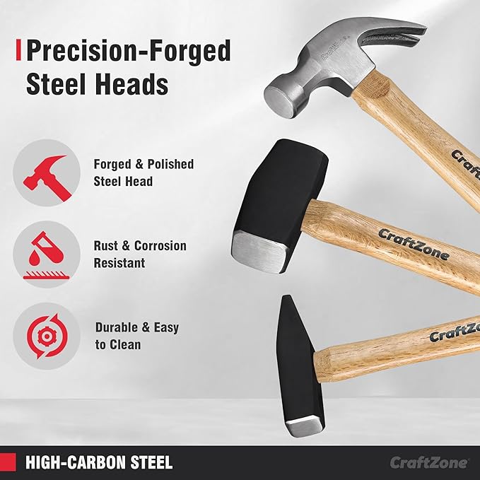 3PC Hammer Set Woodworking Tool - Claw Hammer 16oz | Sledge 3LB | Engineers' 500G DIY/Home/Office/Craft Wooden Handle