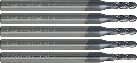 CME 5 pcs Micrograin Carbide End Mills, Ball Nose, TiAlN Coated, 5/64" Mill Diameter, 1/4" Length of Cut, 1 1/2" Overall Length, 4 Flute, Center Cutting