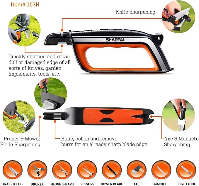 SHARPAL Pocket Knife Sharpener & Garden Tool Sharpener, Sharpening Straight and Serrated Knives, Lawn Mower Blade, Axe, Pruners, Shears, Scissors, Combo Gift Pack w/Greeting Card