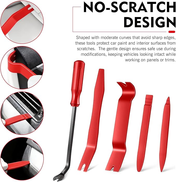 5 PCS Auto Trim Removal Tool Kit, No-Scratch Remover Pry Tool Set, Interior Door Panel Clip Fastener Removal Set for Car Door Clip Panel & Audio Dashboard Dismantle (Red)