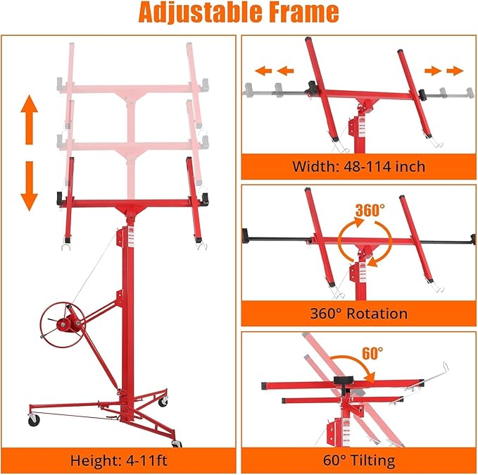 11 FT Drywall Lift Panel Rolling Hoist Jack Lifter, Sheetrock Lift Drywall Lift, Foldable Adjustable Drywall Jack Lift for Ceiling and Walls and Home Improvement, with 3 Lockable Wheels, Red