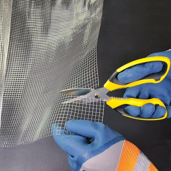Heavy Duty 8'' Multipurpose Scissors with Protective Cover, Stainless Steel Serrated Blades, Easy Cutting Cardboard, Leather, Fabric, Wires, Nutcracker, Yellow