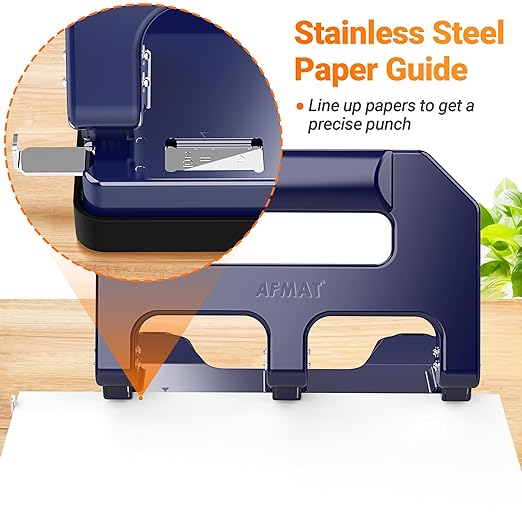 AFMAT Heavy Duty 3 Hole Punch, 3 Hole Puncher for Binder, 40-Sheet Three Hole Punch w/ 10000+ Uses, Metal Hole Puncher 3 Ring, 50% Reduced Effort, 9/32inch Hole, Bulit-in S.S. Paper Guide HPX1 (Blue)