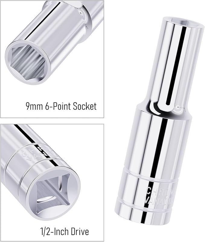 9mm Deep Socket, 1/2 Inch Drive, 6-Point, Metric, Heat Treated CR-V Steel Sockets, Full Polishing, 3.1 Inch Length
