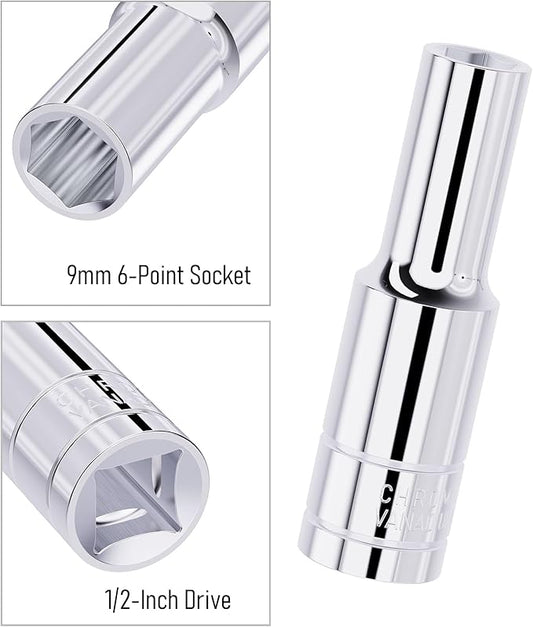 9mm Deep Socket, 1/2 Inch Drive, 6-Point, Metric, Heat Treated CR-V Steel Sockets, Full Polishing, 3.1 Inch Length
