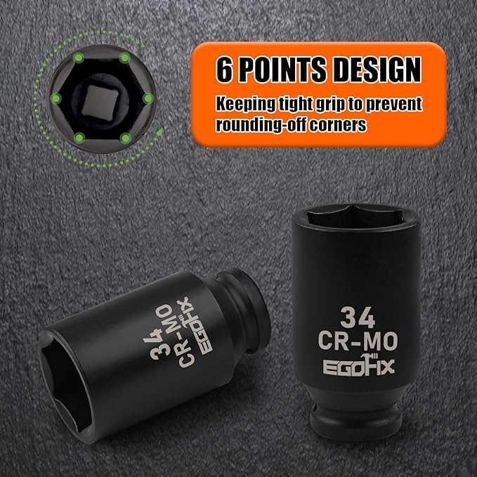 1/2" Drive Deep Impact Socket, 34mm Metric Socket, Axle Nut Socket CR-MO 6 Point for Easy Removal of Axle Shaft Nuts