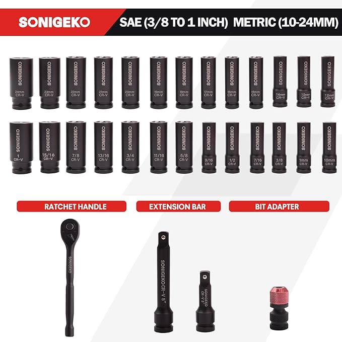 30-Piece 1/2" Drive Impact Socket Set - 6 Point Deep SAE & Metric CR-V Steel Sockets with 3", 5"Extension Bar,Ratchet Wrench,and Bit Adapter(1/2" 30 PCS Socket Set,Metric and SAE)