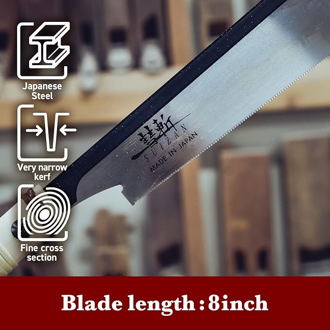 SUIZAN Dozuki Dovetail Saw 8" Crosscut 0.008" Ultra Thin Blade - Professional Japanese Pullsaw Handsaw Woodworking Tools