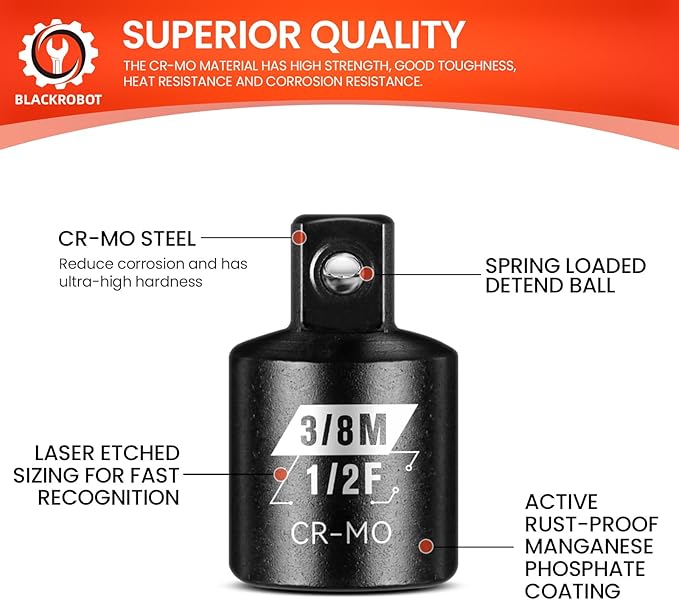 BLACKROBOT 2 Piece 1/2?쒯 To 3/8?쒶 Impact Socket Adapter Set,SAE Drive Cr-Mo Steel Exceeds ANSI Standards,Square Drive Reducer for Impact Driver Wrench