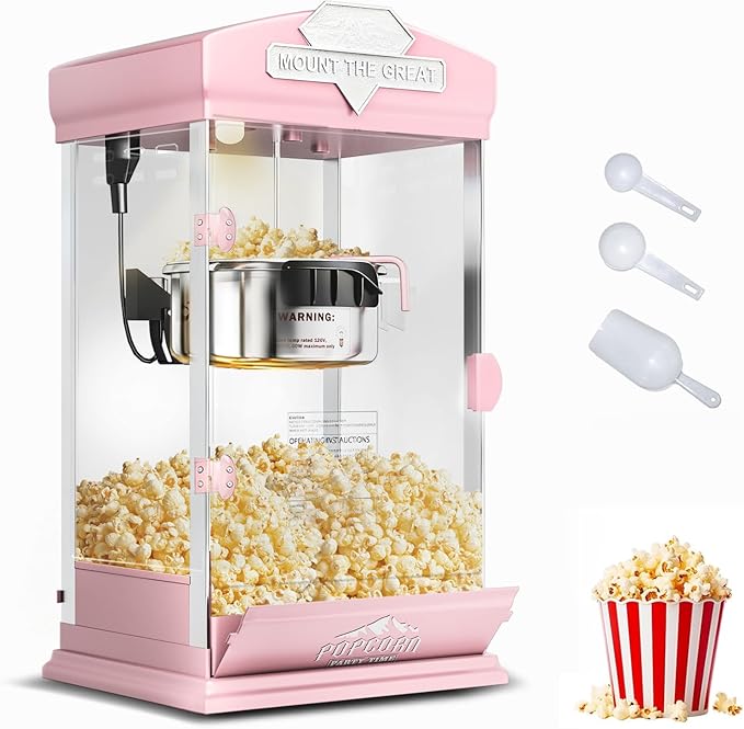 8 Oz Popcorn Machine, Tabletop Popcorn Maker, Countertop Pop Corn Machine Makes Up to 32 Cups, Movie Theater Popcorn Popper Machine with Stainless-Steel Kettle for Home Family, 300 W, Pink