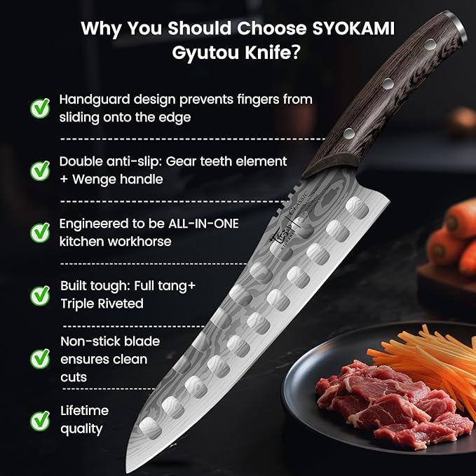 Gyutou Chef Knife, 9.5 Inch Japanese Style Multi-purpose Kitchen Knife, Ultra Sharp Durable Professional-grade for Slicing, Chopping, Dicing, Ergonomic Anti-slip Handle, Trusted by chefs