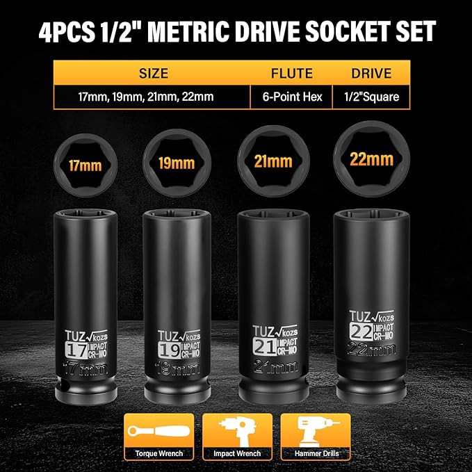4 Pieces 1/2 inch Drive Deep Impact Socket Set,Metric,17mm 19mm 21mm 22mm,Cr-Mo,6-Point,Spindle Axle Nut Impact Socket