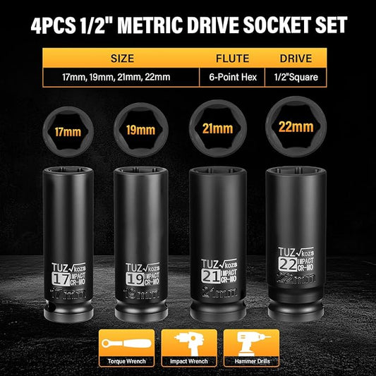 4 Pieces 1/2 inch Drive Deep Impact Socket Set,Metric,17mm 19mm 21mm 22mm,Cr-Mo,6-Point,Spindle Axle Nut Impact Socket