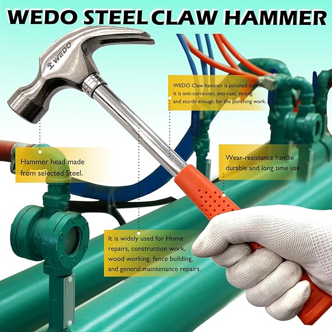 WEDO 4PCS Claw Hammer Set 16oz,Steel Framing Hammer with Tubular Steel Handle,Straight Claw Hammer for Household Maintenance,Gardening,Yard Work,Repairing,Length 322mm