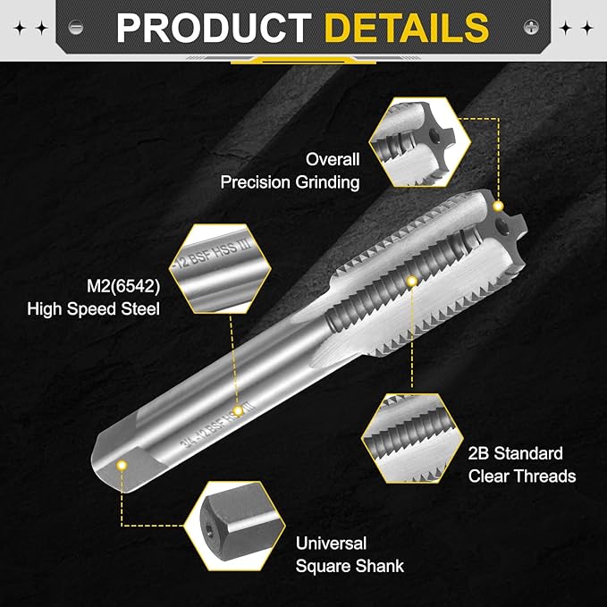 uxcell Hand Bottom Tap 3/4"-12 BSF 2B Thread Bottoming Style Threading Taps High Speed Steel HSS6542 Straight Flutes Screw Tapping Tool