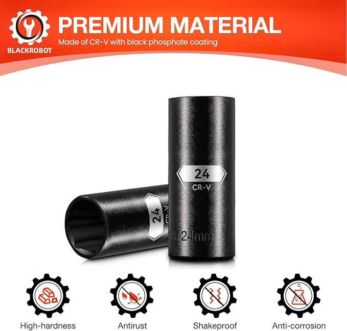 1/2 Inch Drive 6-Point Deep Socket, 24mm Deep Impact Socket, CR-V Steel
