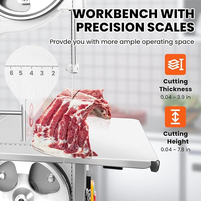 1000W Electric Bone Saw Machine, 18x14" Stainless Steel Worktable, Cuts 0.04-3.9" Thickness, Frozen Meat Cutter with 8 Blades Included, Commercial Bandsaw Machine for Rib Pork Beef