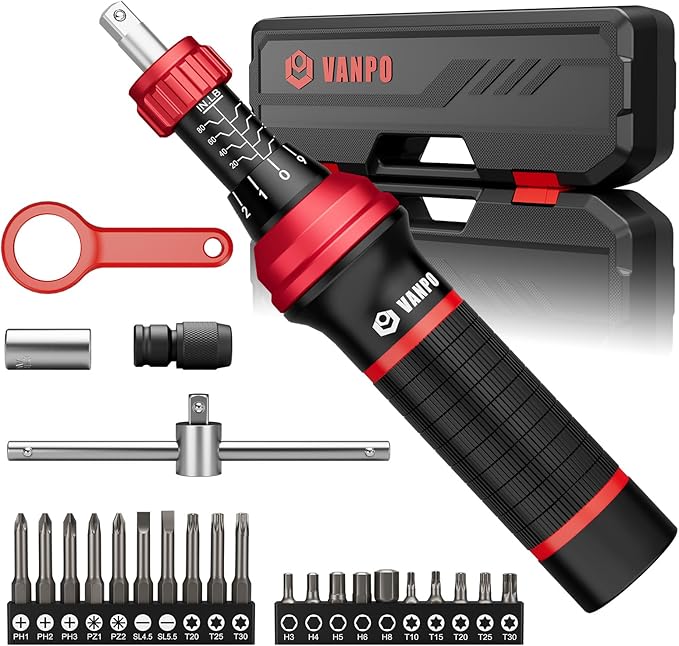 VANPO Torque Screwdriver, 24Pcs 10-80 In-lb Torque Wrench Screwdriver Set with Hex, Torx, Pozidriv, Schlitz, Phillips Bits Adapter, T- Bar Handle, Precision Tool for Bike, Scope Mounting