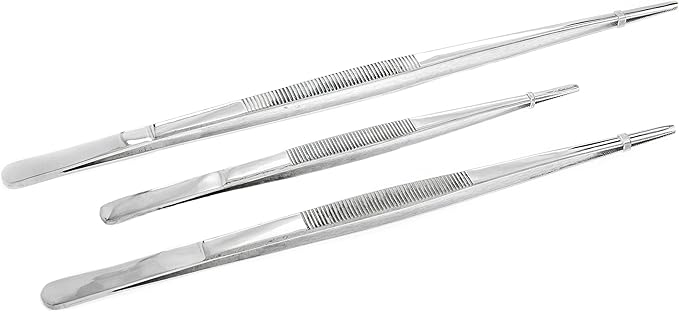 SE 3-Piece Stainless Steel Tweezer Set with Serrated Tips - Includes 8", 10", and 12" Sizes for Precision Work and General Use TW2-408