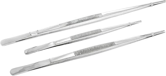 SE 3-Piece Stainless Steel Tweezer Set with Serrated Tips - Includes 8", 10", and 12" Sizes for Precision Work and General Use TW2-408