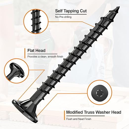 #8 x 1-1/4” Deck Screws, 100Pcs Star Drive Wood Screws, Rust Resistant Timber Screws for Timber/Log/Landscaping Wood, T20 Star Bit Included, Black