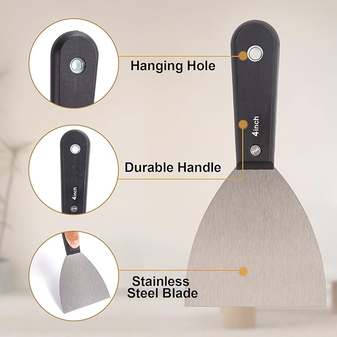 7 PCS Drywall Tools,Putty Knife,Paint Scraper Tool with Storage Bag,Stainless Steel Putty Knife Set,Drywall Scraper Spackle Taping Knife for Spreading Mud, Taping,Repairing wall (2 PCS -4")
