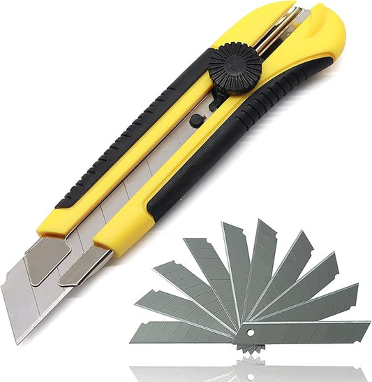 25MM Heavy Duty Utility Knife, Box Cutter with 20pcs SK-5 Retract Blades, Snap-Off Cutters with Rubber Grip for Cardboard, Boxes, DIY Crafts