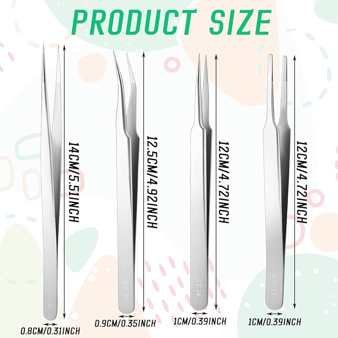4PCS Precision Tweezers Set, Professional Pointed Long Bent Stainless Steel Tweezers for Craft, Soldering, Model, Jewelry Tools