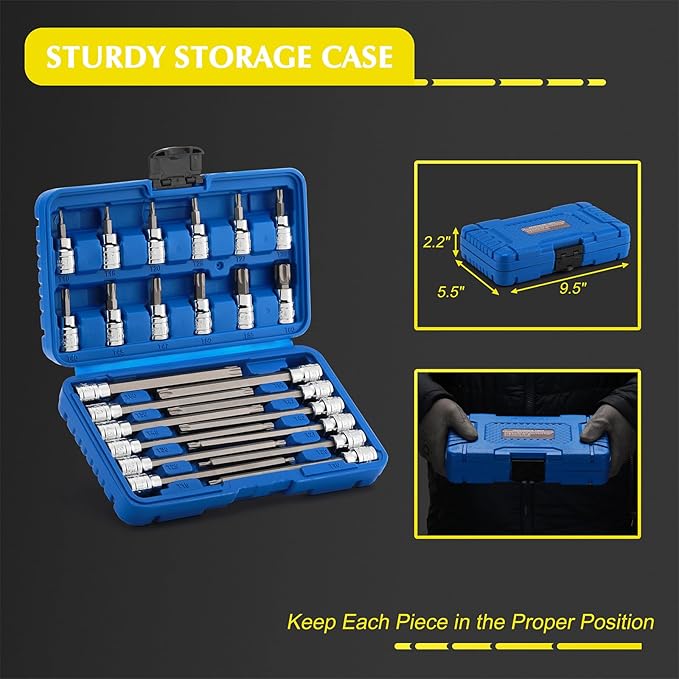 EMENTOL 3/8 Inch Drive Torx Bit Socket Set, Extra Long Star Bit Sockets, 24-Piece, Cr-V and S2 Alloy Steel, T10-T50
