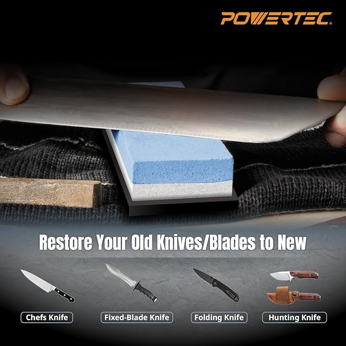 POWERTEC Whetstone Knife Sharpening Stone ??Dual Grit 1000/6000 Water Stone with Non-Slip Rubber Base for Sharpening Kitchen Knives, Razors, Chisels, Scissors, Axe, Hatchet (71916)
