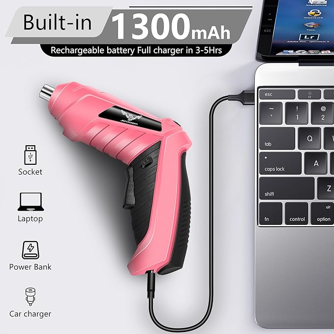 Cordless Electric Screwdriver Set 3.6V Rechargeable Small Power Drill, 3Nm Screw Gun with 2 Position Handle, LED Light, 14 in 1 Driver Bit Set, Pink & Black