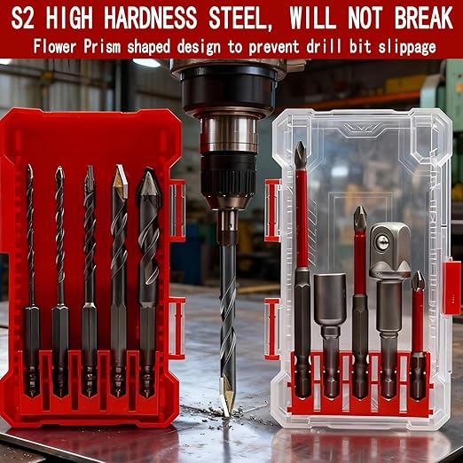 10 Piece Self Centering Drill Bit Set and Screwdriver Head Set with Hex Shank Extension Bars and Hex Shank 1/2" Socket Adapter, Woodworking Drill Bit for Wood and Hinge, Cabinet, DIY Tools Kit