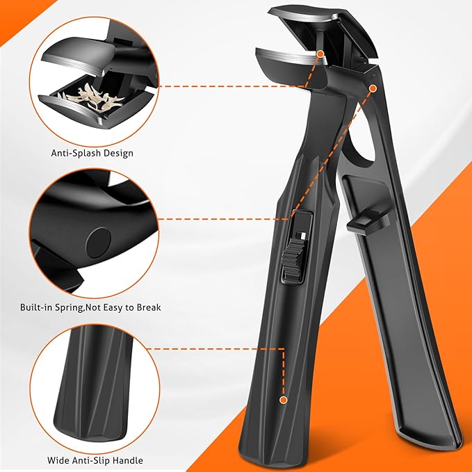 Toenail Clippers for Seniors Thick Toenails, Upgrade Angled Head Large Toe Nail Clippers for Men with Wide Jaw Opening, Sharp Heavy Duty Fingernail Clipper Cutter with Catcher Long Handle -Black